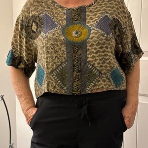 Crop blouse.  Brown tones with mixed colors.  Size L